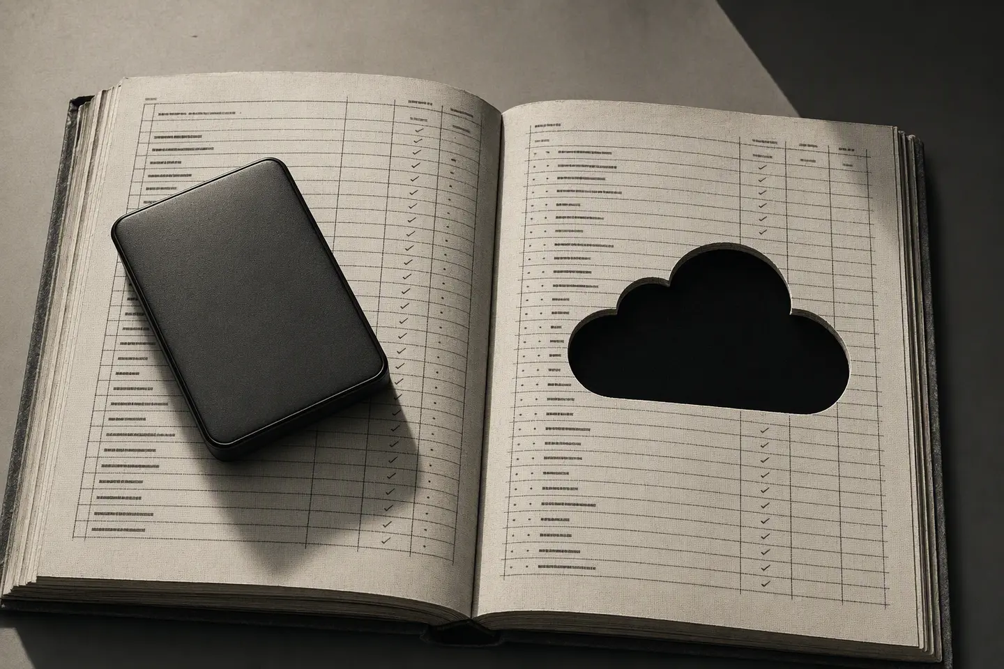 An archival ledger holding a physical drive beside a cloud-shaped hole cut through the paper
